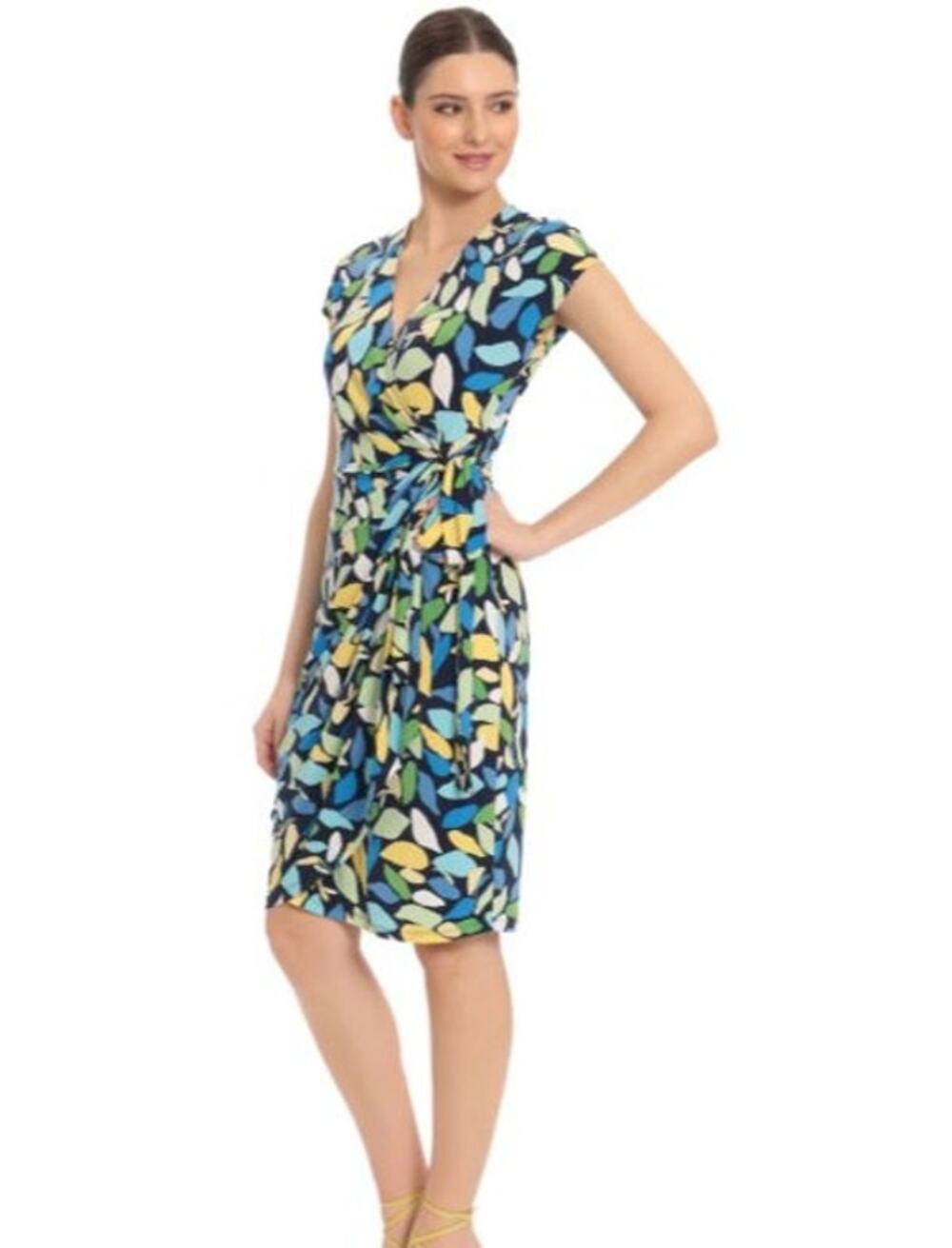 Maggy London Duria Leaf Print Navy Blue Wrap Dress Size 4